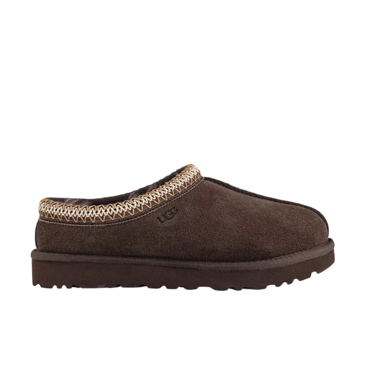 JeevzPlug UGG Tasman Slipper II in dusted cocoa brown suede with signature embroidered braid trim and plush lining.