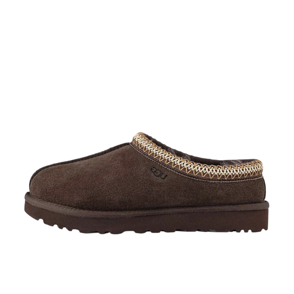 JeevzPlug UGG Tasman Slipper II in dusted cocoa brown suede with signature embroidered collar and thick rubber sole