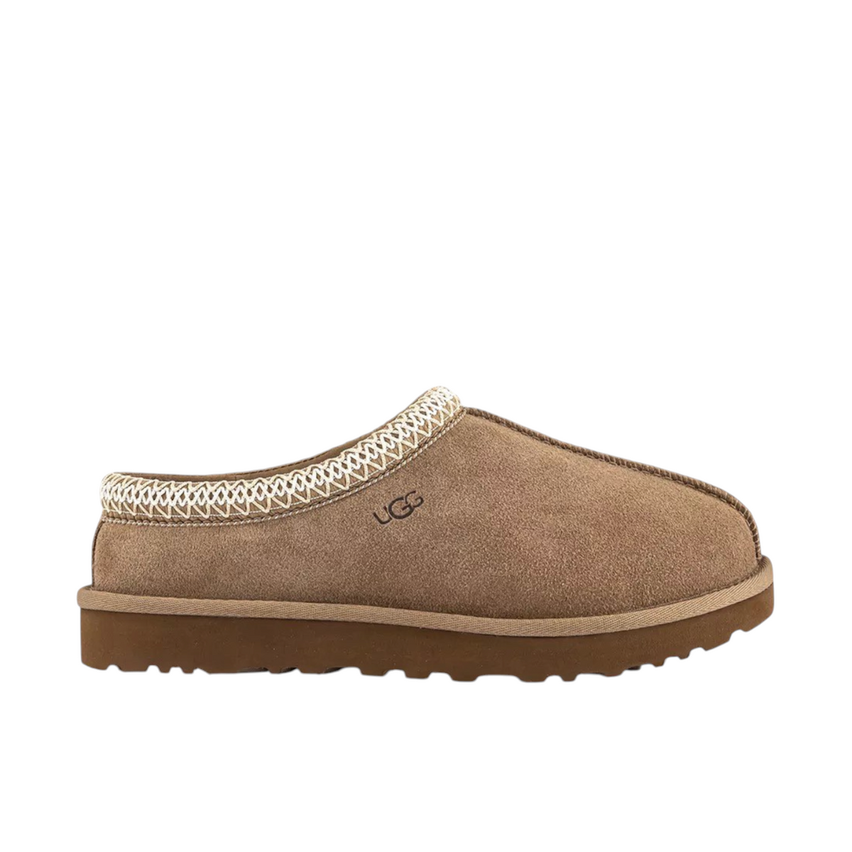 JeevzPlug UGG Tasman Slipper II in light bronze suede with signature embroidered collar and brown rubber sole.