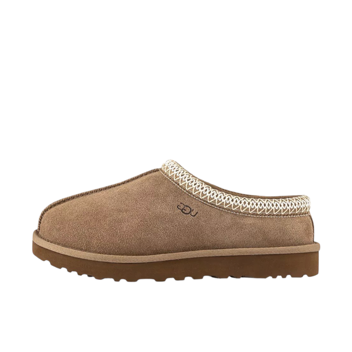 JeevzPlug UGG Tasman Slipper II in light bronze suede with signature braided collar and brown rubber sole