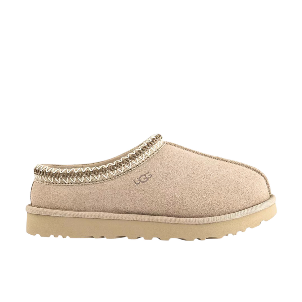 JeevzPlug UGG Tasman Slipper II in cream suede with signature braided collar and embossed logo on side profile