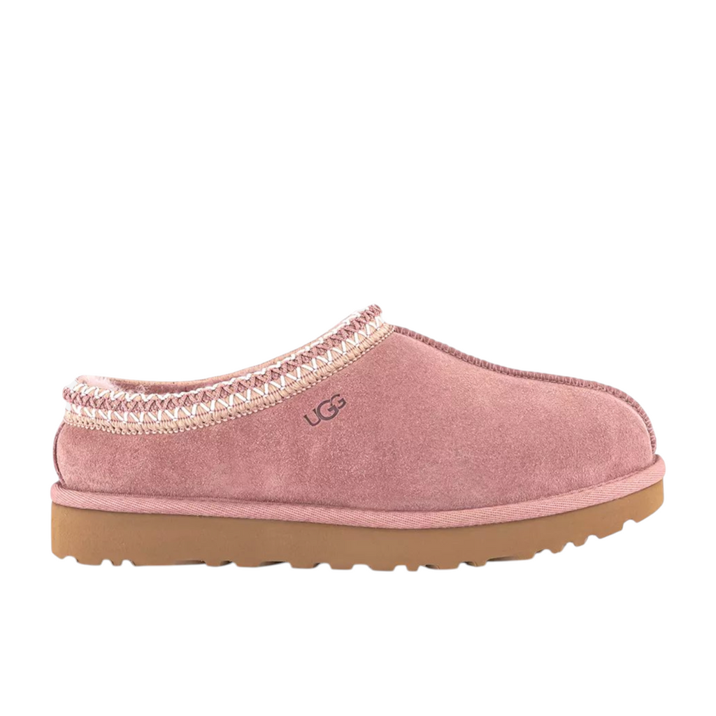 JeevzPlug UGG Tasman Slipper II in Pink Dawn suede with signature embroidered collar and brown rubber sole