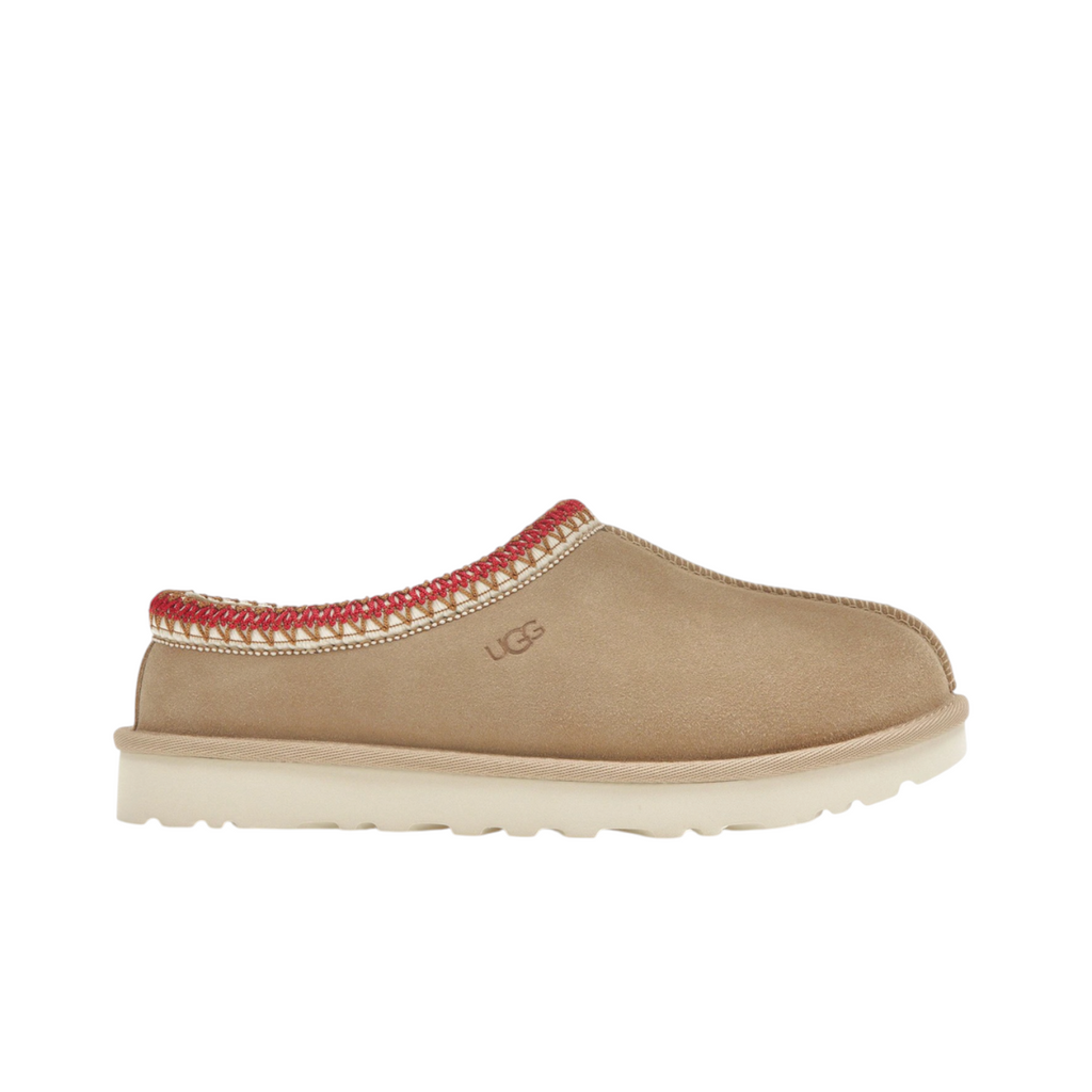 JeevzPlug UGG Tasman slipper in sand suede with dark cherry embroidered collar and thick cream sole