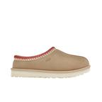 JeevzPlug UGG Tasman slipper in sand suede with dark cherry embroidered collar and thick cream sole