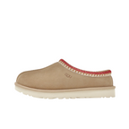 JeevzPlug UGG Tasman slipper in sand suede with a dark cherry braided collar and white platform sole