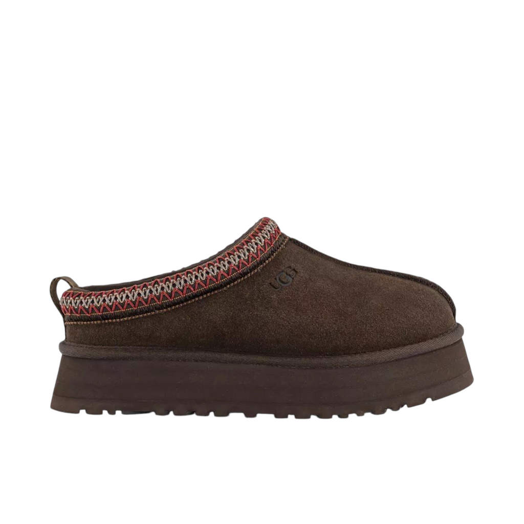 JeevzPlug UGG Tazz Slipper II in Dusted Cocoa brown suede with a platform sole and decorative embroidered collar