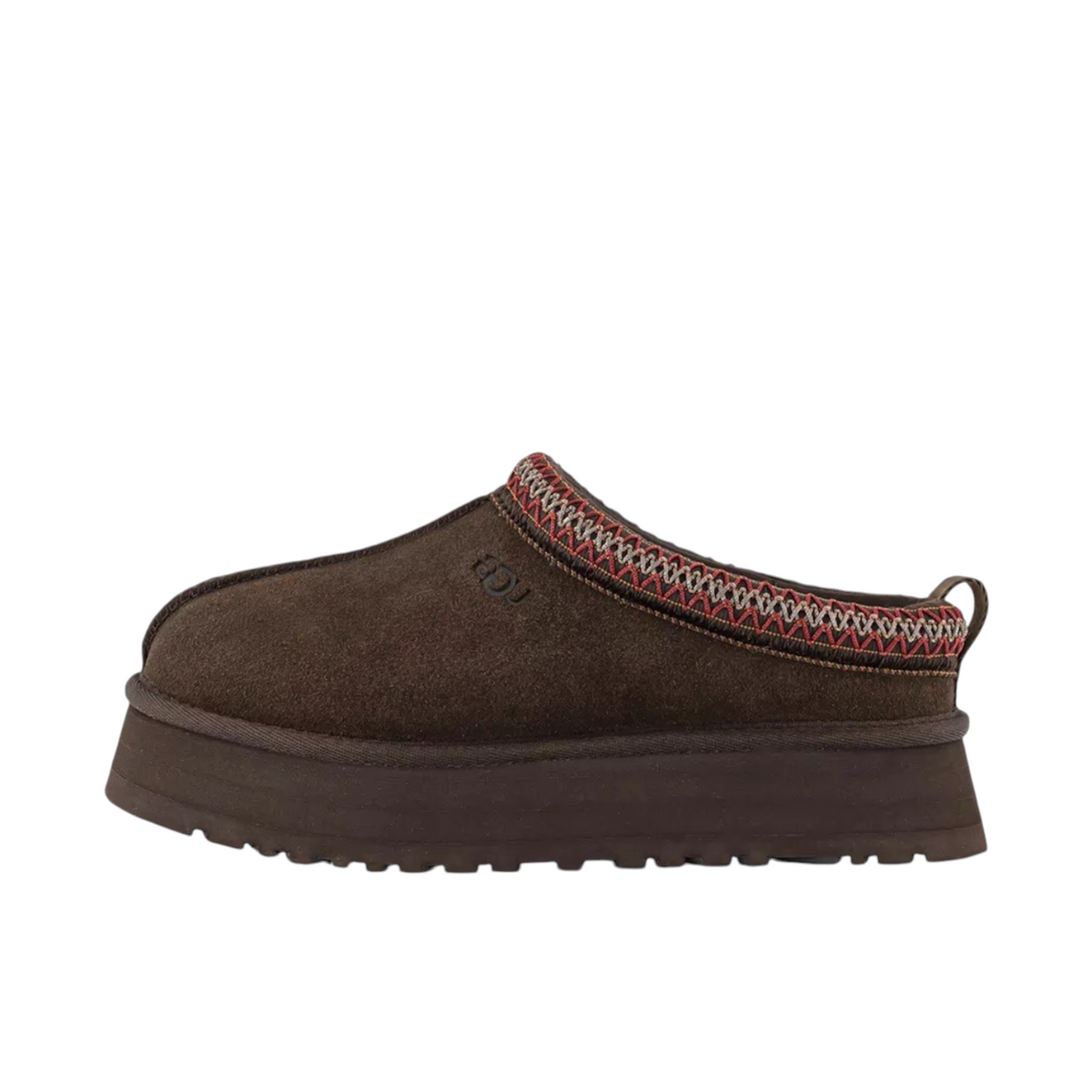 JeevzPlug UGG Tazz Slipper II in dusted cocoa brown suede with signature embroidered braid and platform sole