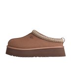 JeevzPlug UGG Tazz Slipper II in Rocky Oak brown suede with a thick platform sole and embroidered collar detail
