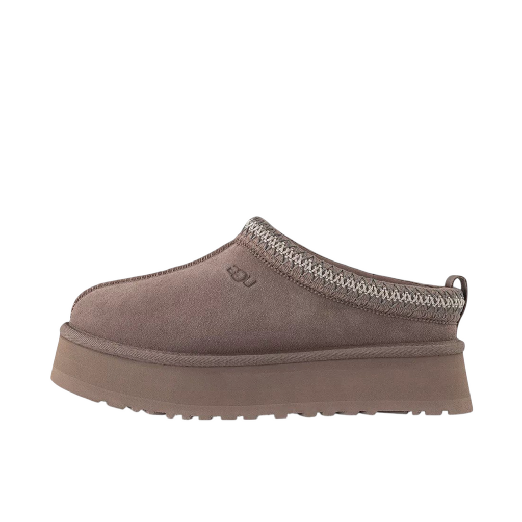 JeevzPlug UGG Tazz slipper in caribou brown suede with a thick platform sole and braided collar detail
