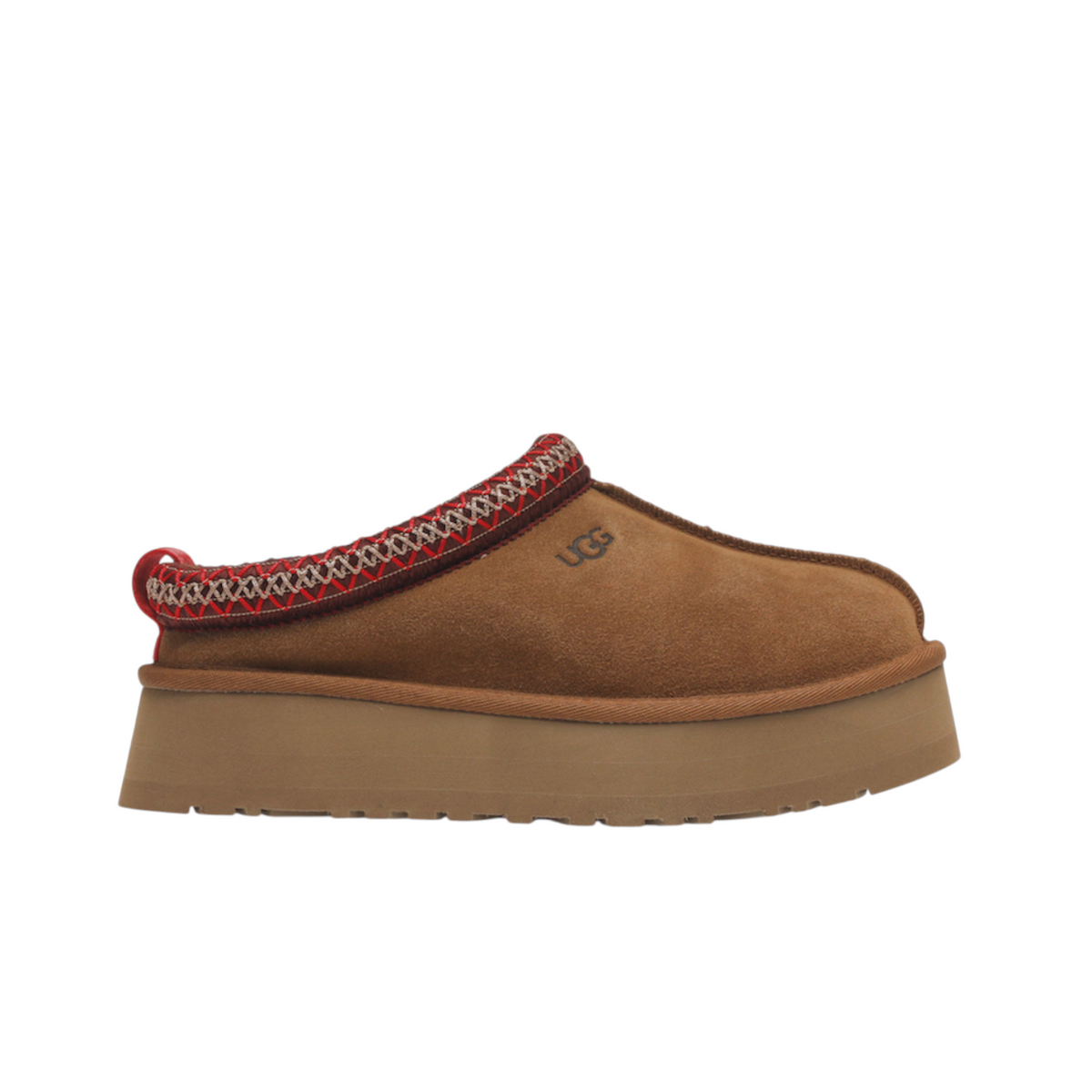 JeevzPlug UGG Tazz slipper in chestnut brown suede with a platform sole and embroidered collar detail