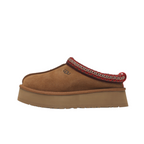 JeevzPlug UGG Tazz slipper in chestnut brown suede with a thick platform sole and decorative red braided trim
