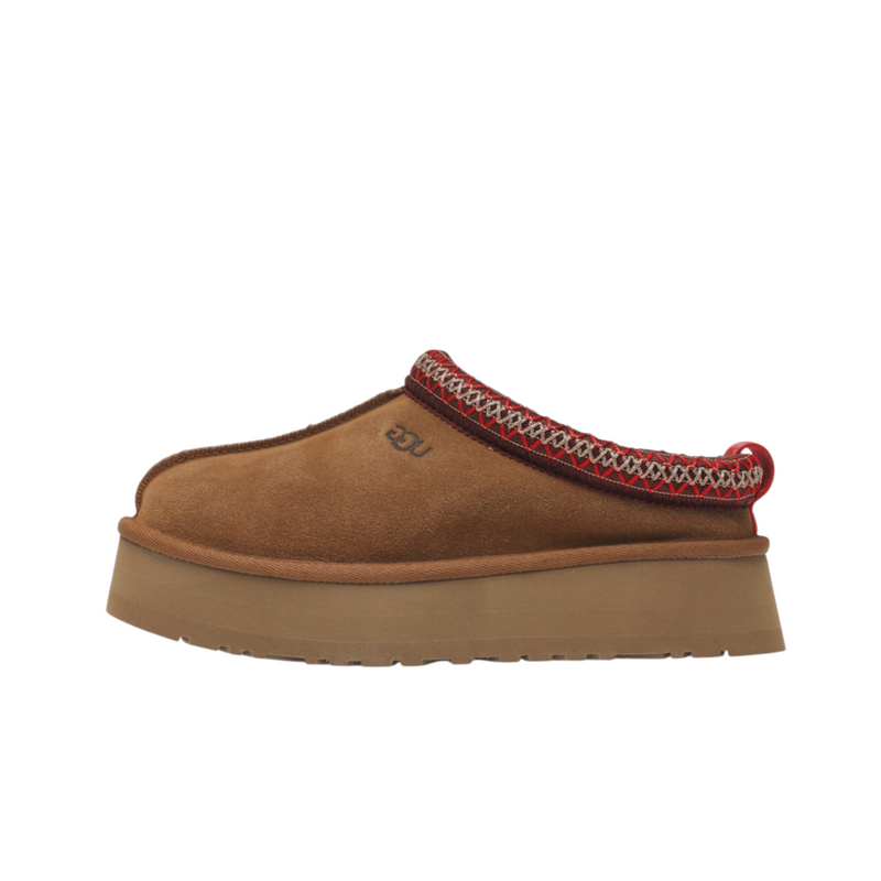 JeevzPlug UGG Tazz slipper in chestnut brown suede with a thick platform sole and decorative red braided trim