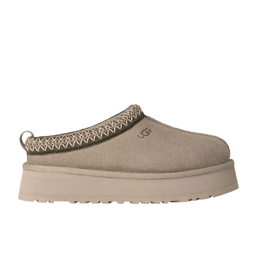 JeevzPlug UGG Tazz Slipper II in grey cobble suede with a platform sole and decorative braided collar