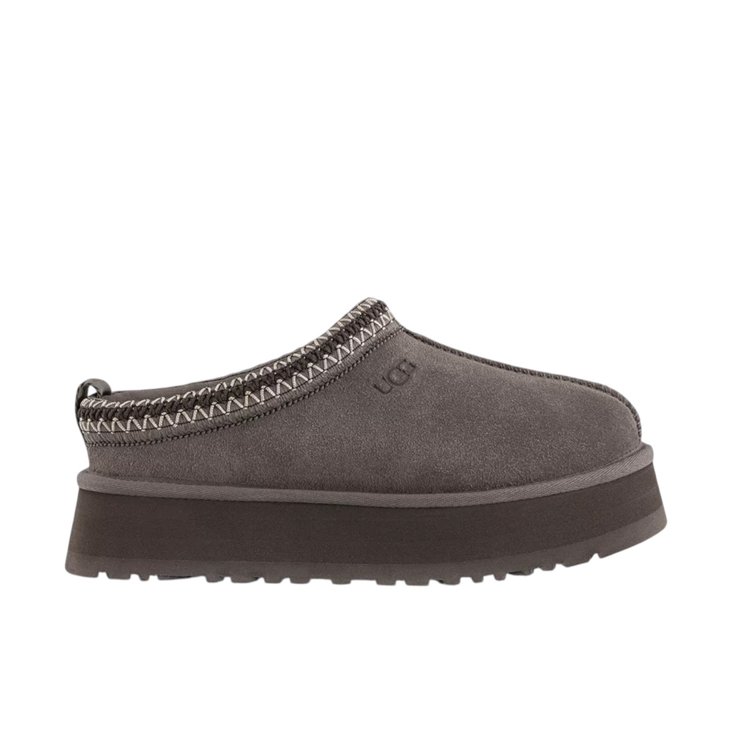 JeevzPlug UGG Tazz Slipper II in grey suede with a thick platform sole and signature braided collar detail.