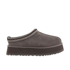 JeevzPlug UGG Tazz Slipper II in grey suede with a thick platform sole and signature braided collar detail.