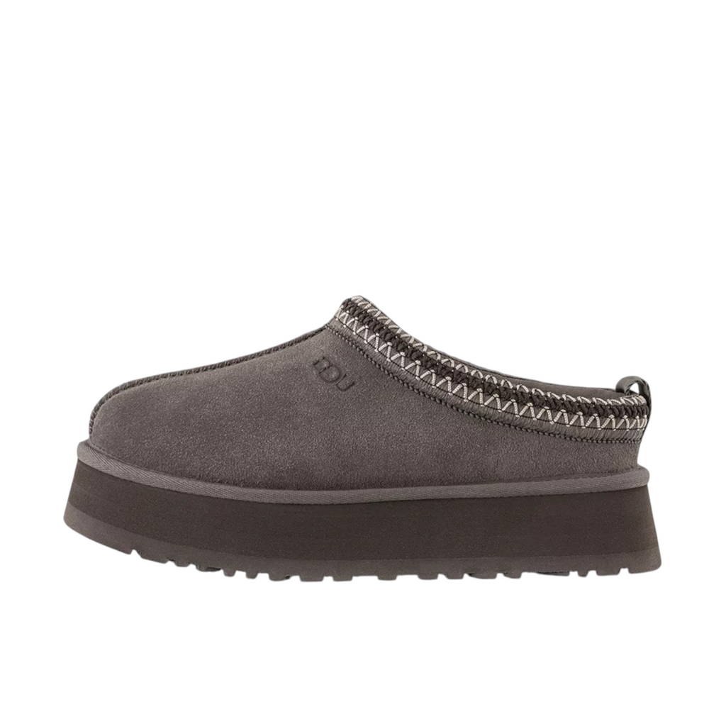 JeevzPlug UGG Tazz Slipper II in dried oregano grey suede with a platform sole and braided collar detail