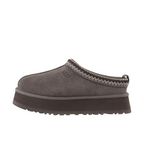 JeevzPlug UGG Tazz Slipper II in dried oregano grey suede with a platform sole and braided collar detail