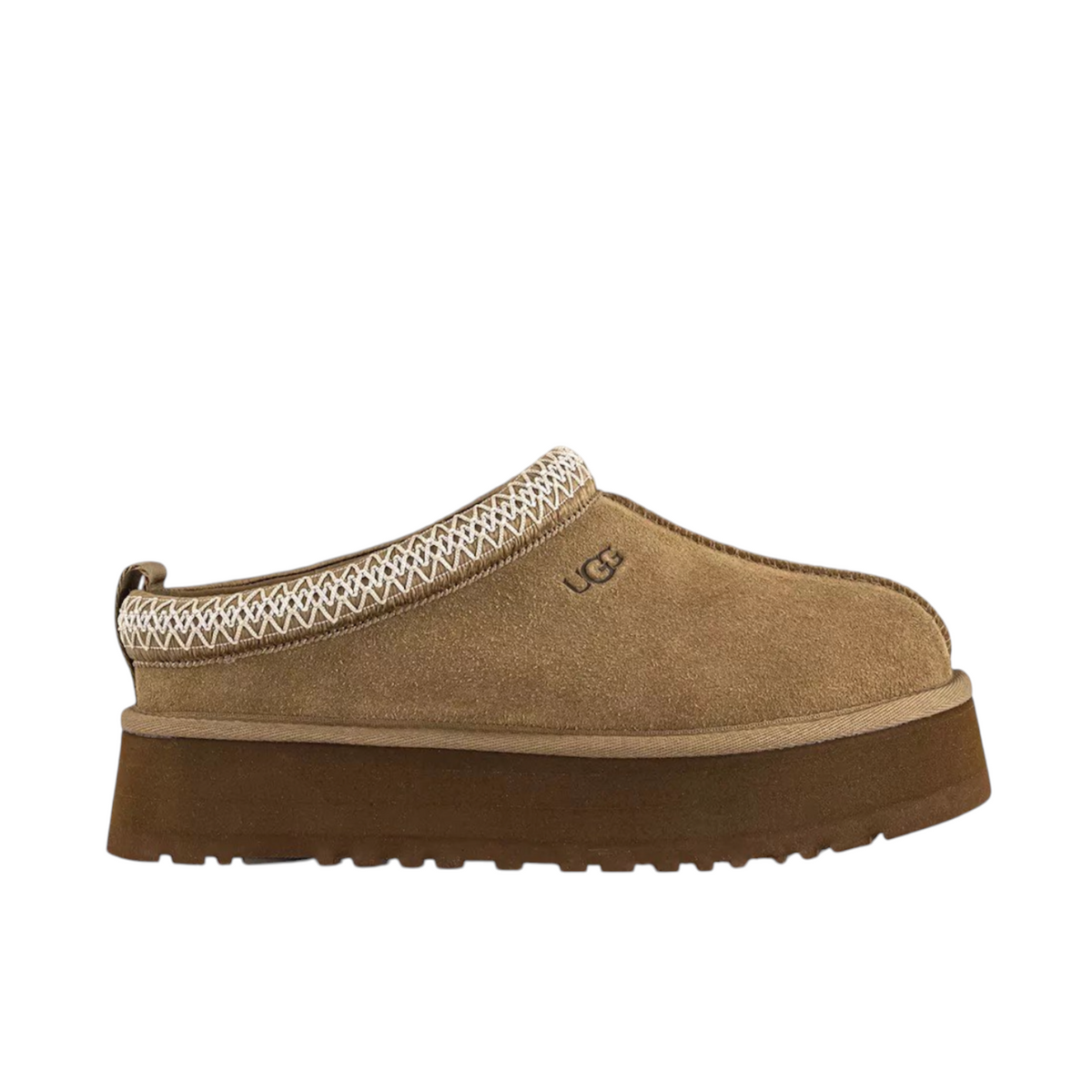 JeevzPlug UGG Tazz Slipper II in light bronze suede with a thick platform sole and embroidered collar detail
