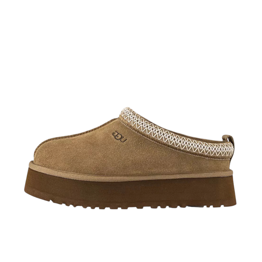 JeevzPlug UGG Tazz Slipper II in light bronze suede with a thick platform sole and embroidered collar detail