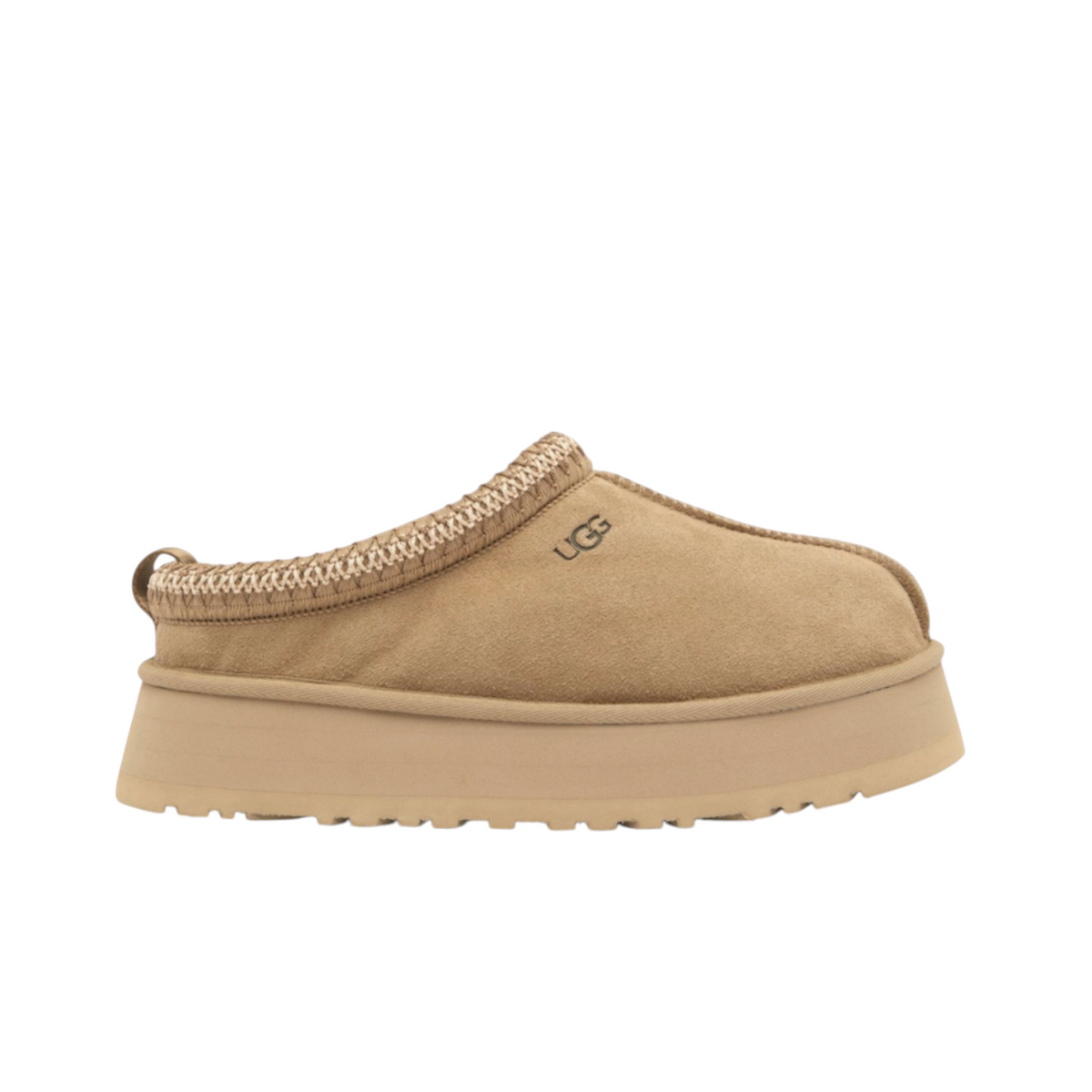 JeevzPlug UGG Tazz platform slipper in mustard seed beige suede with braided collar and embossed logo