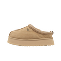 JeevzPlug UGG Tazz platform slipper in mustard seed beige suede with signature braided collar and embossed logo