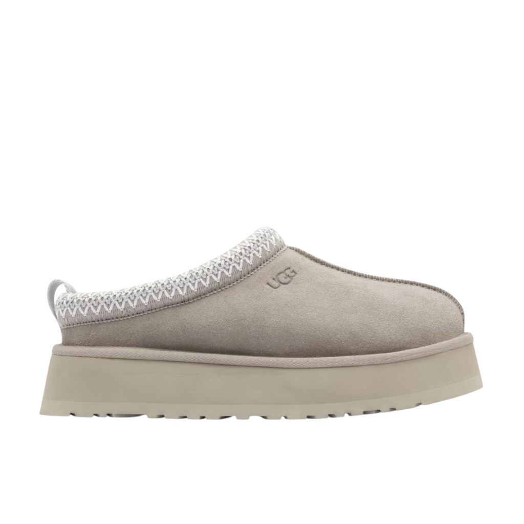 JeevzPlug UGG Tazz slipper in pumice grey suede with a thick platform sole and braided collar detail