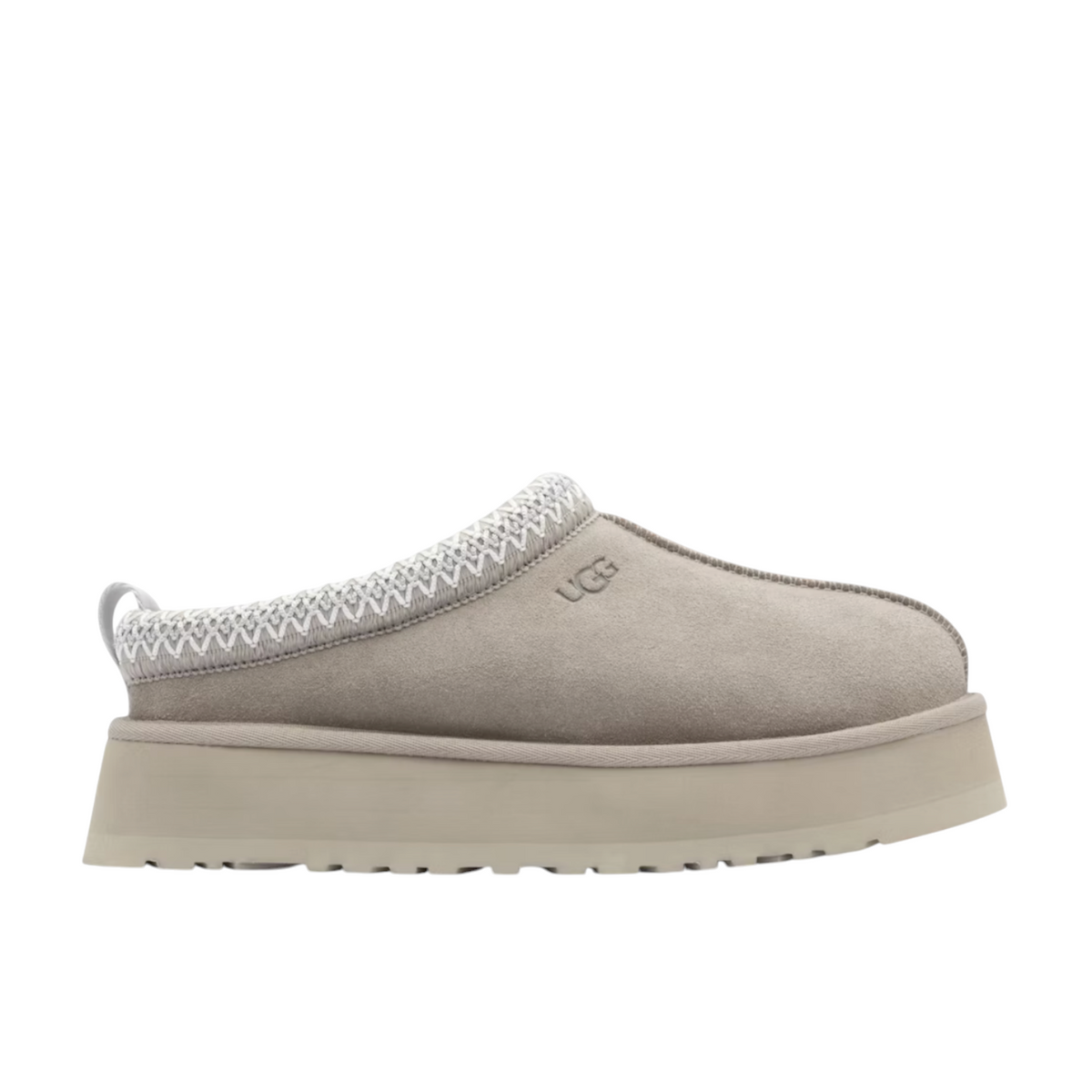 JeevzPlug UGG Tazz slipper in pumice grey suede with a thick platform sole and braided collar detail