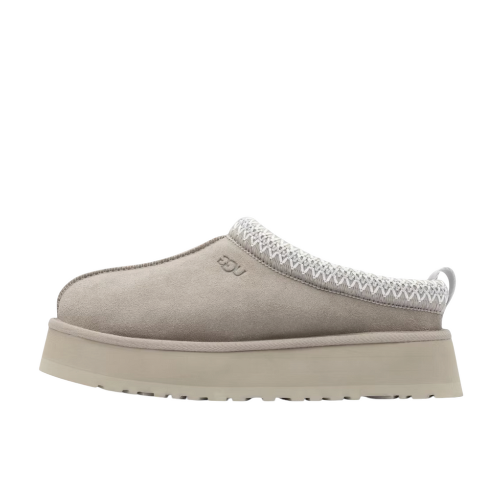 JeevzPlug UGG Tazz platform slipper in pumice grey suede with signature braided collar and embossed logo