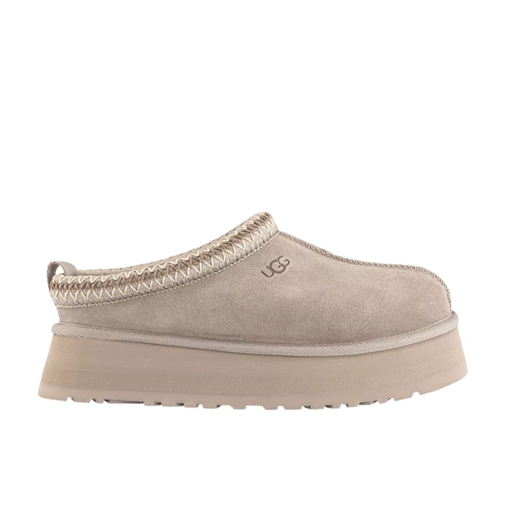 JeevzPlug UGG Tazz Slipper II in putty beige suede with a thick platform sole and braided collar detail