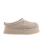 JeevzPlug UGG Tazz Slipper II in putty beige suede with a thick platform sole and braided collar detail