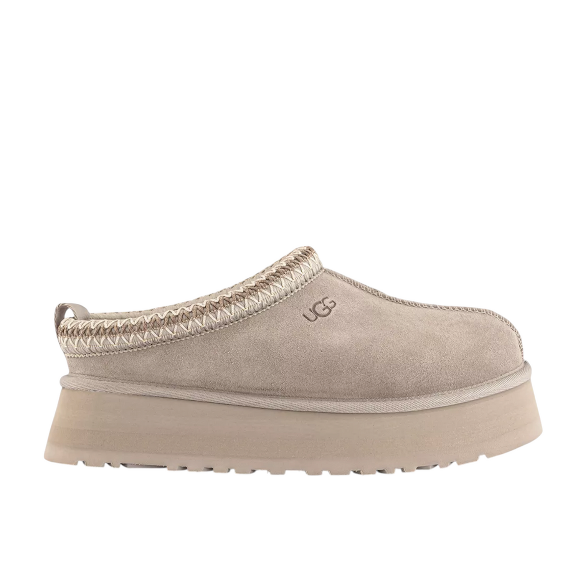 JeevzPlug UGG Tazz Slipper II in putty beige suede with a thick platform sole and braided collar detail