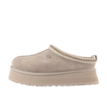 JeevzPlug UGG Tazz Slipper II in putty beige suede with a thick platform sole and signature braided collar detail.