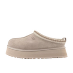 JeevzPlug UGG Tazz Slipper II in putty beige suede with a thick platform sole and signature braided collar detail.
