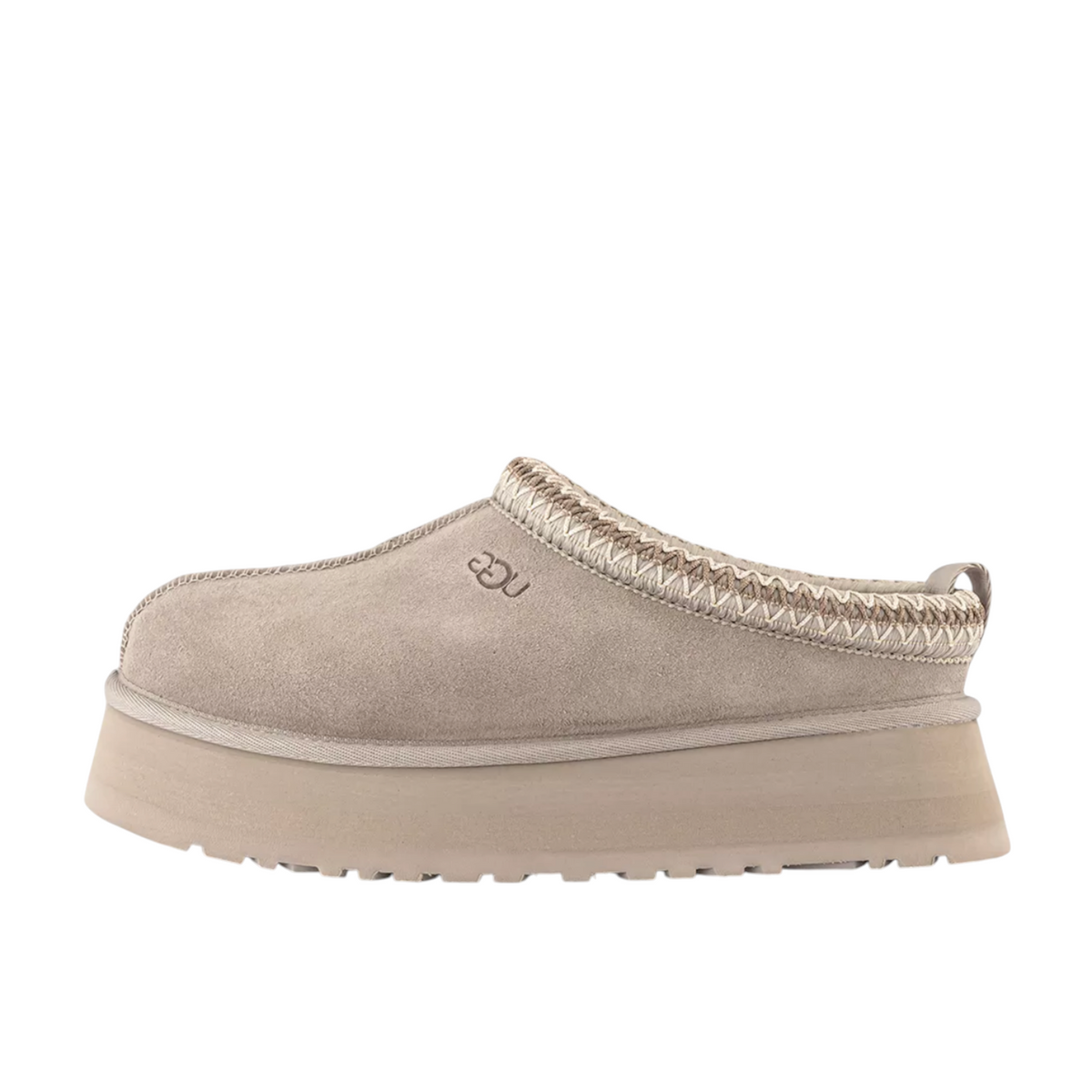 JeevzPlug UGG Tazz Slipper II in putty beige suede with a thick platform sole and signature braided collar detail.