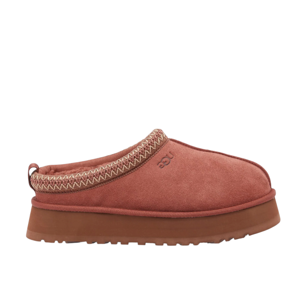 JeevzPlug UGG Tazz slipper in Red Jasper suede with a thick platform sole and embroidered collar detail
