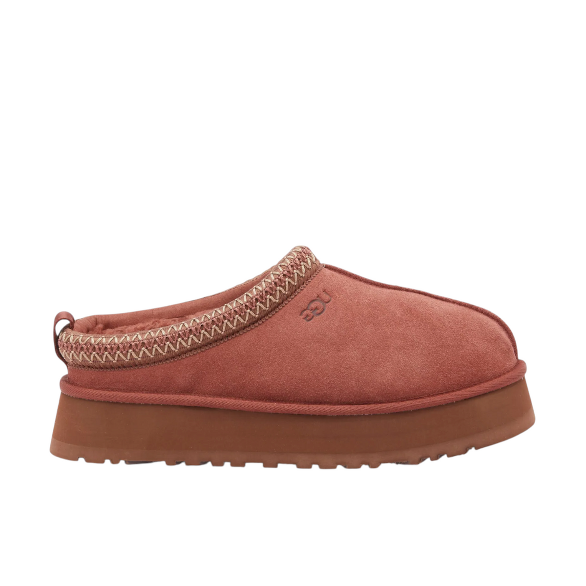 JeevzPlug UGG Tazz slipper in Red Jasper suede with a thick platform sole and embroidered collar detail