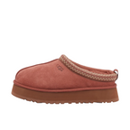 JeevzPlug UGG Tazz slipper in Red Jasper suede with a platform sole and signature embroidered braid trim