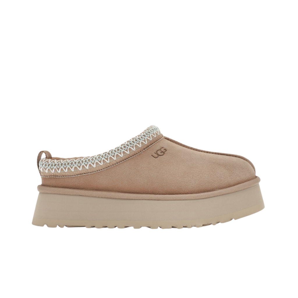 JeevzPlug UGG Tazz platform slipper in sand suede with signature braided collar and thick rubber sole