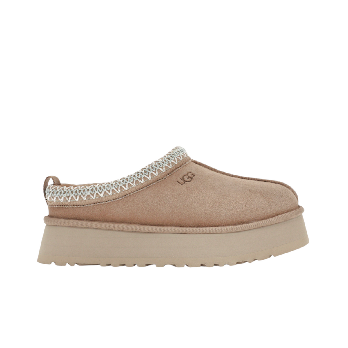 JeevzPlug UGG Tazz platform slipper in sand suede with signature braided collar and thick rubber sole