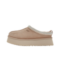 JeevzPlug UGG Tazz platform slipper in sand suede with signature embroidered collar and thick foam sole