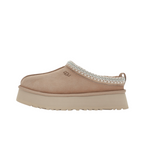 JeevzPlug UGG Tazz platform slipper in sand suede with signature embroidered collar and thick foam sole