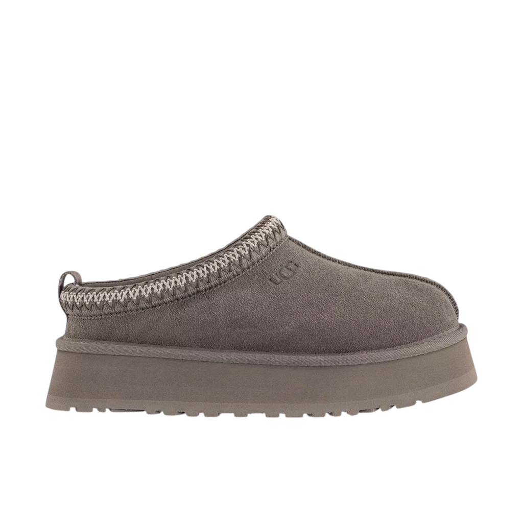 JeevzPlug UGG Tazz Slipper II in smoke plume grey suede with a thick platform sole and braided collar detail