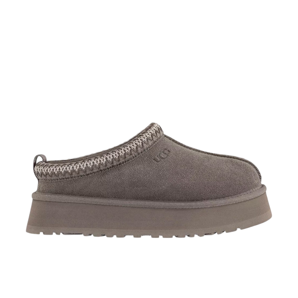 JeevzPlug UGG Tazz Slipper II in smoke plume grey suede with a thick platform sole and braided collar detail