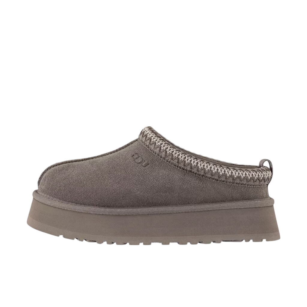 JeevzPlug UGG Tazz Slipper II in smoke plume grey suede with a thick platform sole and braided collar detail