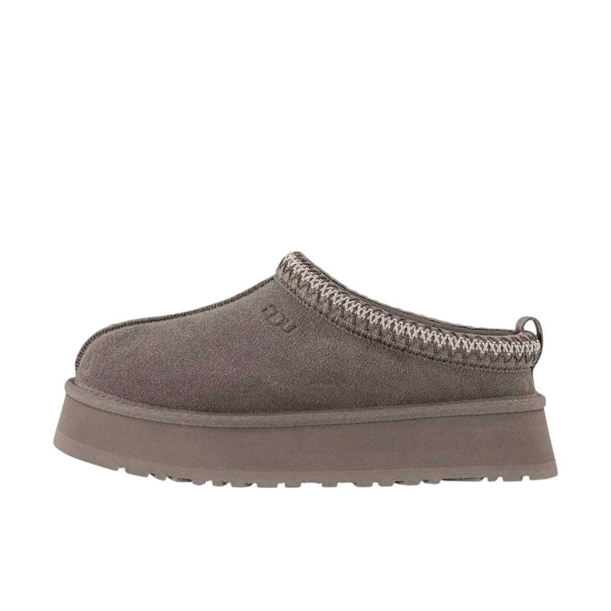 JeevzPlug UGG Tazz Slipper II in smoke plume grey suede with a thick platform sole and braided collar detail