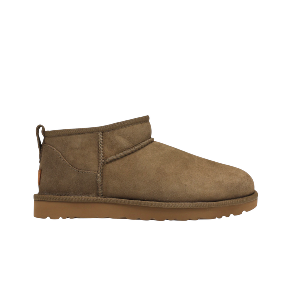 JeevzPlug UGG Ultra Mini Antelope suede ankle boot in brown with a low-profile silhouette and flat rubber sole