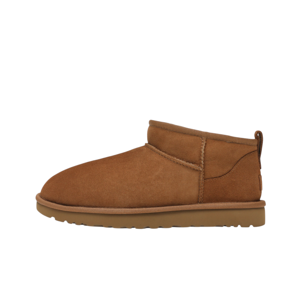 JeevzPlug UGG Ultra Mini Chestnut suede ankle boot with a low-cut silhouette and signature brown sheepskin lining