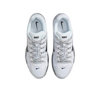 Top-down view of JeevzPlug Nike P-6000 sneakers in white, metallic silver, and black with mesh and leather overlays.