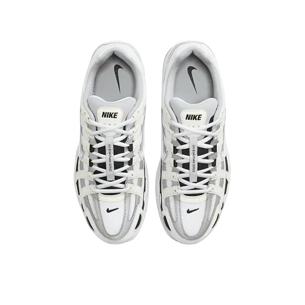 Top view of JeevzPlug Nike P-6000 Sail Wolf Grey sneakers featuring breathable mesh and layered grey and white panels.