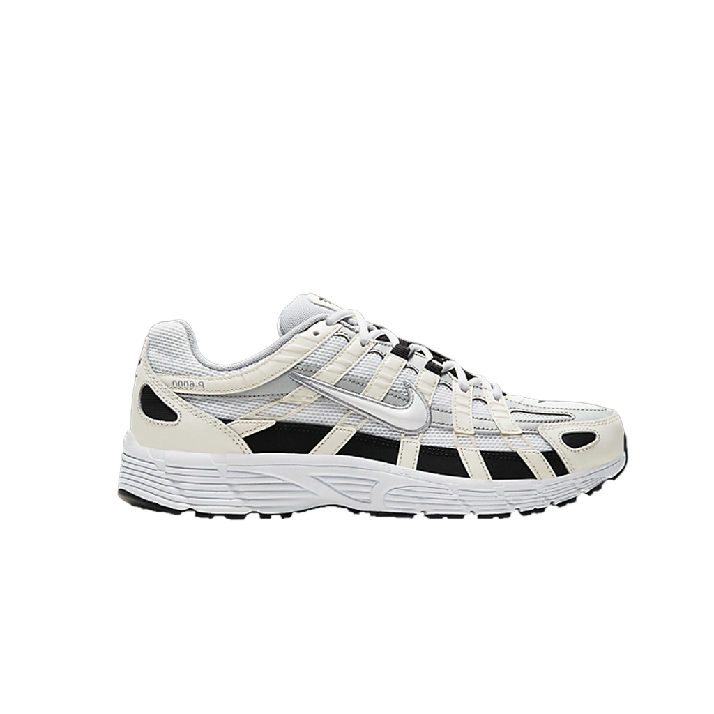 JeevzPlug Nike P-6000 sneaker in sail, wolf grey, and white with black mudguard and mesh upper side profile view